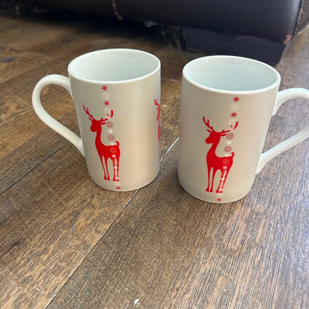 Waechtersbach Germany Christmas Reindeer Snowflake Mugs Set of 2 Red Cream